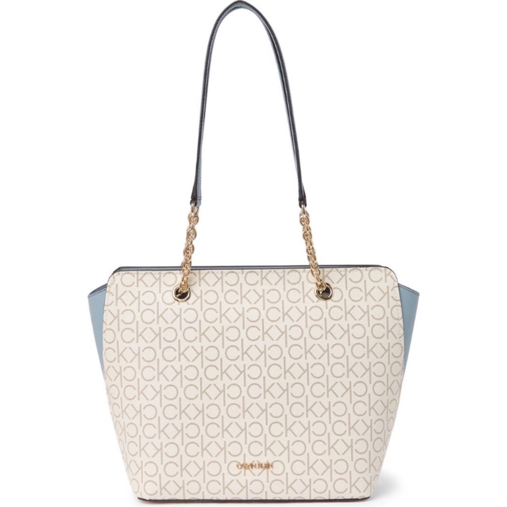 New CALVIN KLEIN Hailey Signature Zip Top Chain Tote